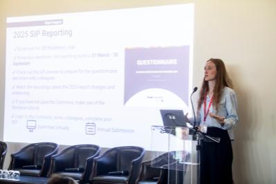 presenter at lectern with presentation on display